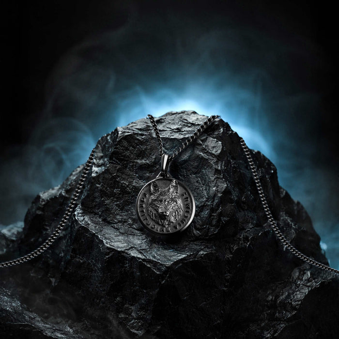Black Wolf Pendant for Men on Lava Rock
