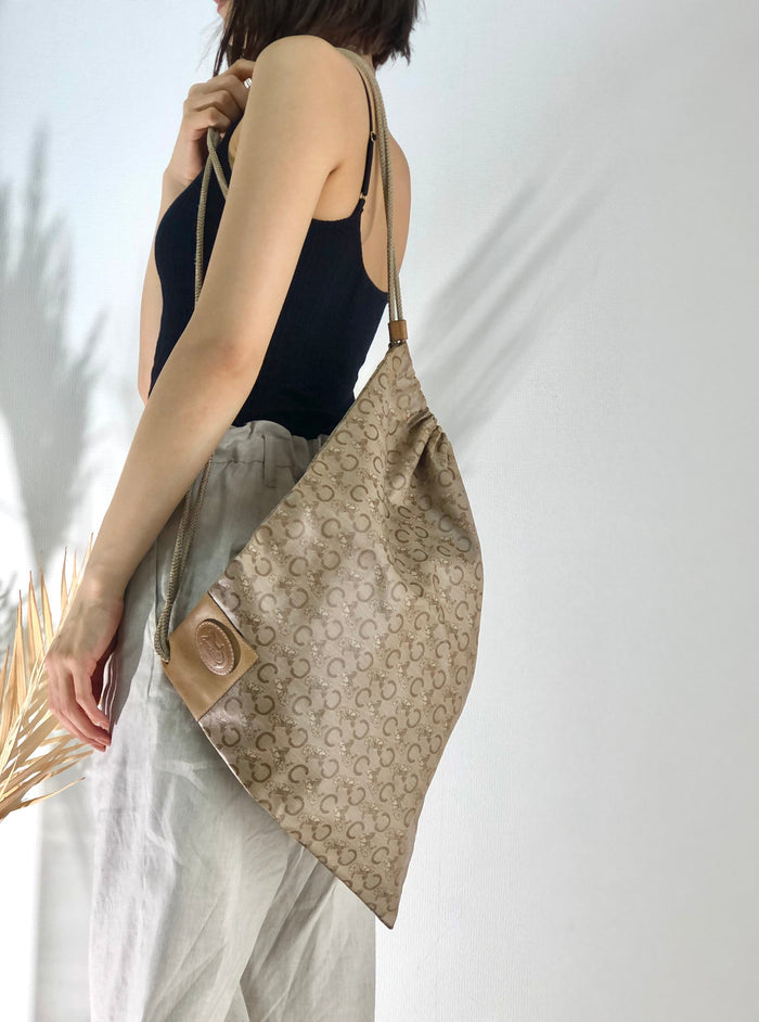 CELINE C Macadam Horse carriage Drawstring One Shoulder bag Beige Vintage Old CELINE ts73ex