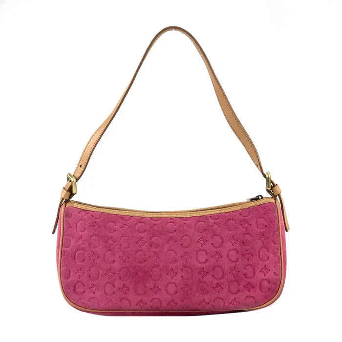 CELINE C Macadam Suede Leather Accessory Pouch Hobo Mini Bag Shoulder Bag Pink Camel vintage Old Celine ysm4yh