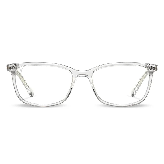 A pair of clear blue-light-blocking glasses with a full plastic frame and metal hinges.