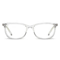 A pair of clear blue-light-blocking glasses with a full plastic frame and metal hinges.