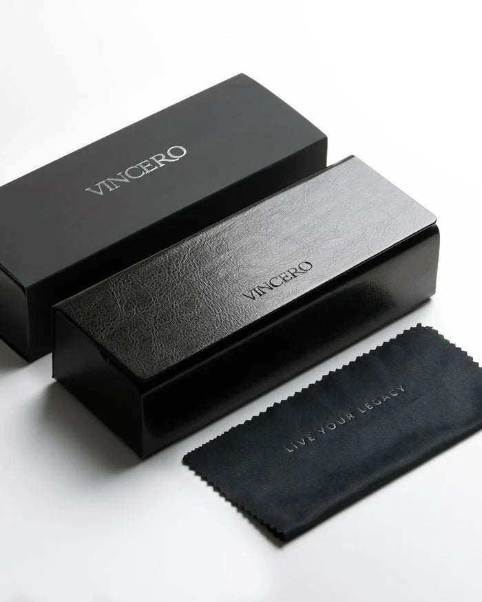 Black Vincero sunglasses case with cleaning cloth on a white background