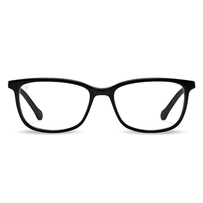 A pair of jet black, blue light blocking glasses with a full plastic frame and clear lenses.