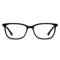 A pair of jet black, blue light blocking glasses with a full plastic frame and clear lenses.