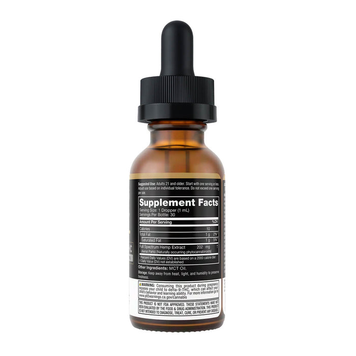 An amber glass dropper bottle with a black cap and a black label showing the Supplement Facts panel, photographed on a plain white background.