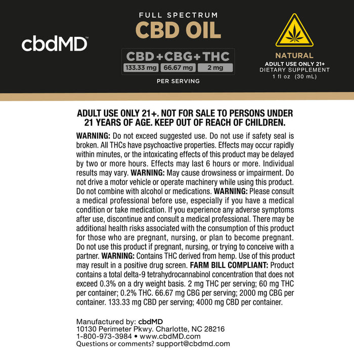 CBD tincture product warning label detailing THC content, dosage, and health cautions.