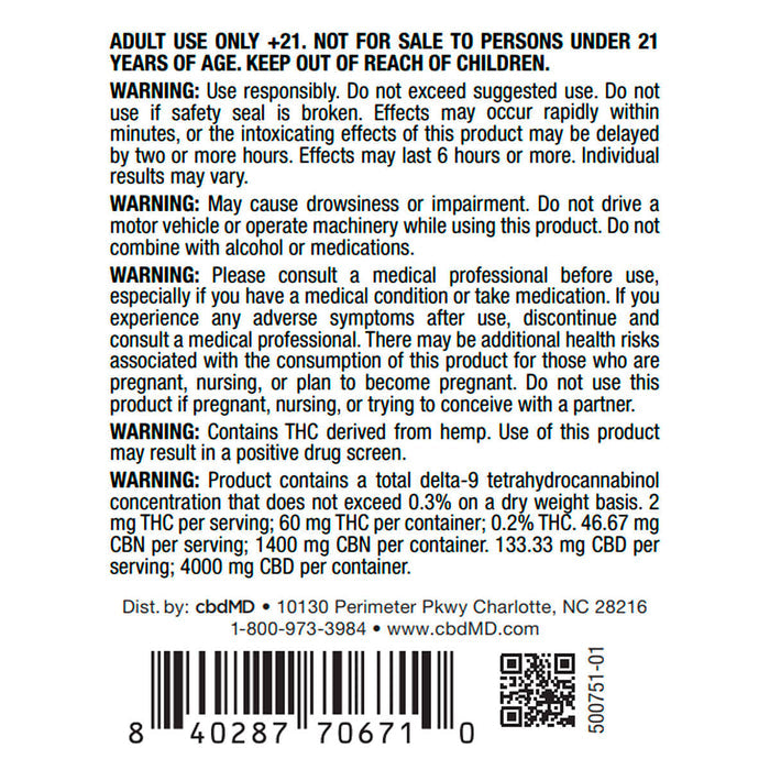 Warnings label for CBD + CBN + THC tincture