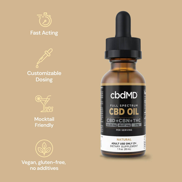 Full spectrum CBD oil tincture bottle with dropper, highlighting CBD, CBN, THC, and vegan features.