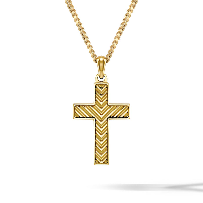 A gold cross pendant necklace with a textured chevron pattern on the front, suspended from a gold chain against a clean white background.