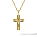 A gold cross pendant necklace with a textured chevron pattern on the front, suspended from a gold chain against a clean white background.