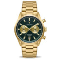 Gold wristwatch with a black dial on a white background