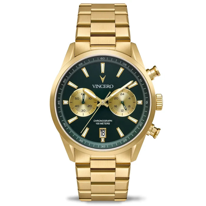Gold wristwatch with a black dial on a white background