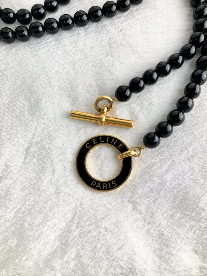 CELINE Circle Logo Stone Belt Black Vintage wfbdbp