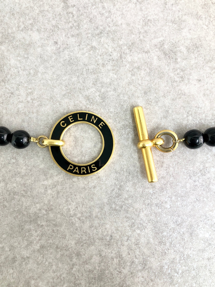 CELINE Circle Logo Stone Belt Black Vintage wfbdbp