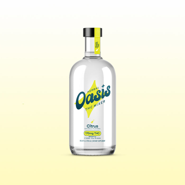 Bottle of Herbal Oasis THC Mixer Citrus on a light yellow background.; Flavor: Citrus;