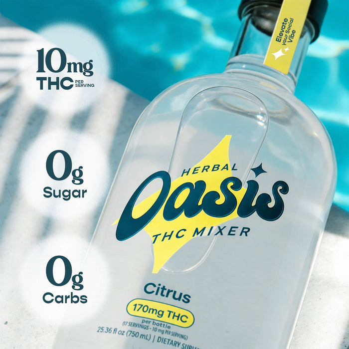 A clear glass bottle of Herbal Oasis THC Mixer, Citrus flavor, with a yellow label and black cap, shown against a bright blue and white background with text overlays highlighting 10mg THC, 0g Sugar, and 0g Carbs.; Flavor: Citrus;