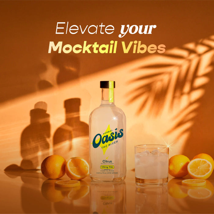 A bottle of Oasis Pro Miker citrus mocktail mixed drink with a glass of clear liquid, surrounded by fresh oranges and sliced oranges on a reflective surface, under warm tropical shadow lighting with the text 'Elevate your Mocktail Vibes' at the top.