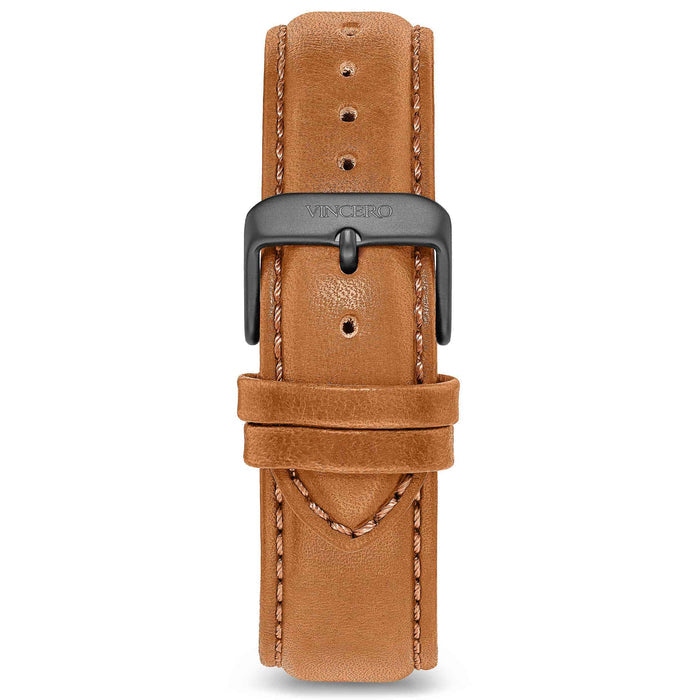 Brown leather watch strap with black buckle on a white background