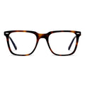 A pair of square-framed eyeglasses with rye tortoise patterned acetate and blue light blocking lenses.