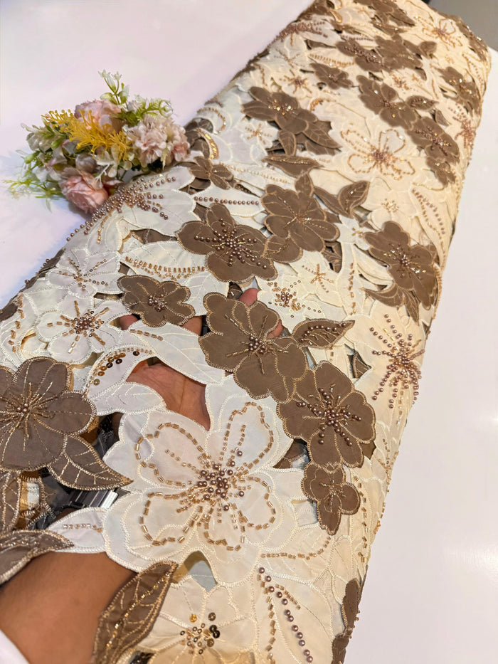 Cream Imported Crape Cutwork With Handwork Embroidery 50 inch width