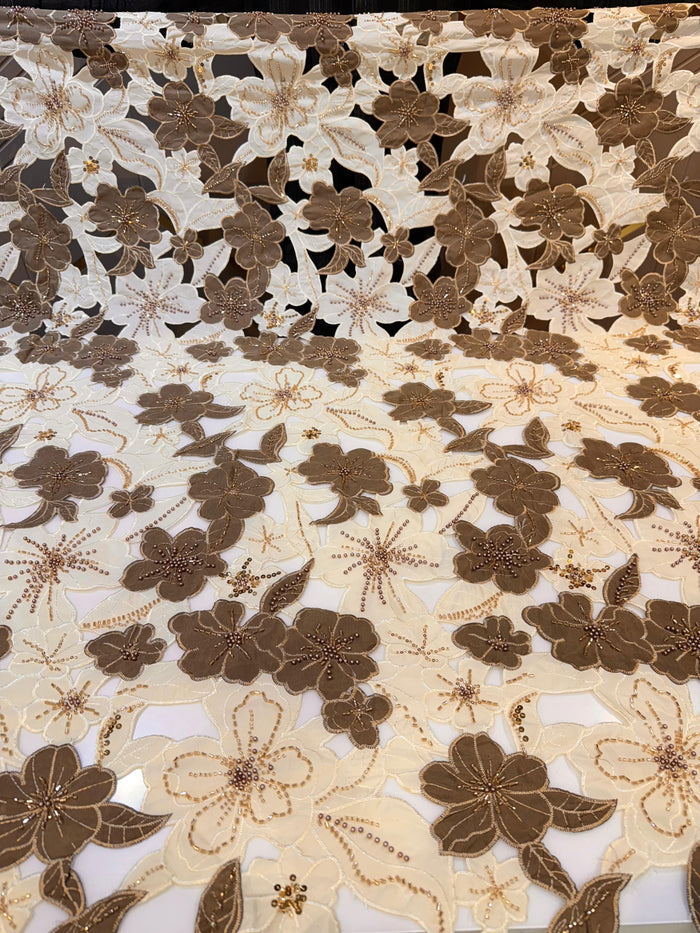 Cream Imported Crape Cutwork With Handwork Embroidery 50 inch width