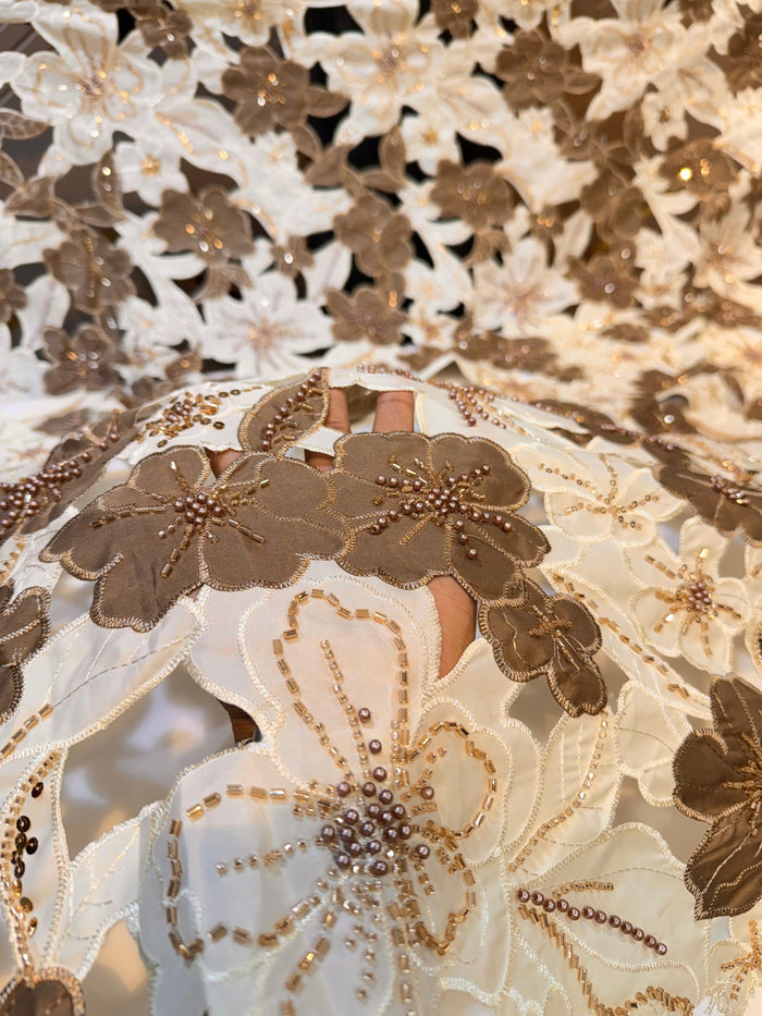 Cream Imported Crape Cutwork With Handwork Embroidery 50 inch width