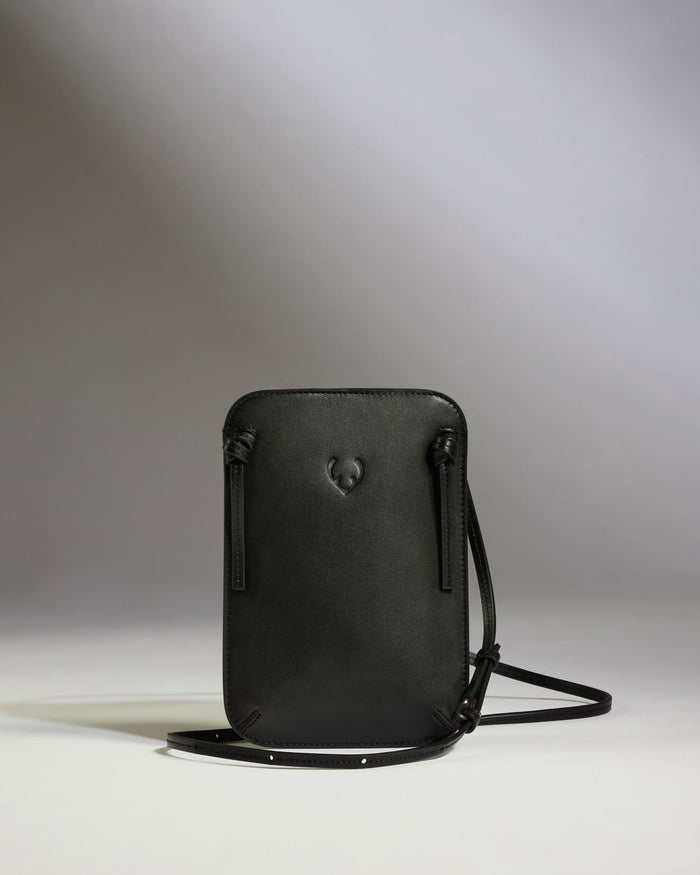 a black purse with a strap
