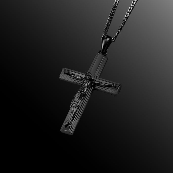 Crucifix pendant, stealth black PVD for men.
