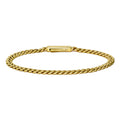 A gold-toned Cuban link chain bracelet with a rectangular clasp, shown against a plain white background.