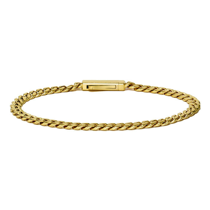 A gold-toned Cuban link chain bracelet with a rectangular clasp, shown against a plain white background.