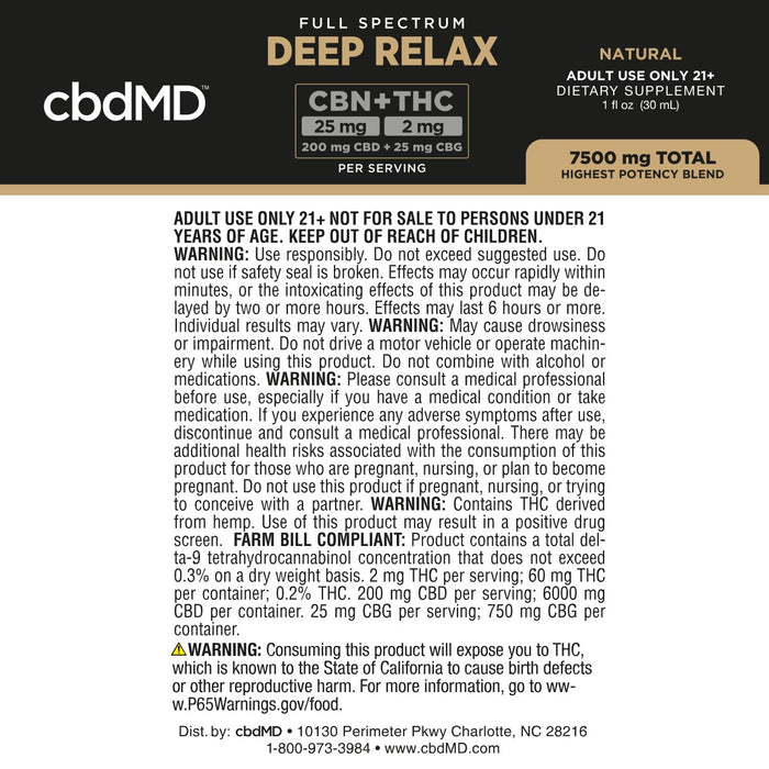 CBD tincture warning and usage label with dosage, storage, safety, and compliance information.