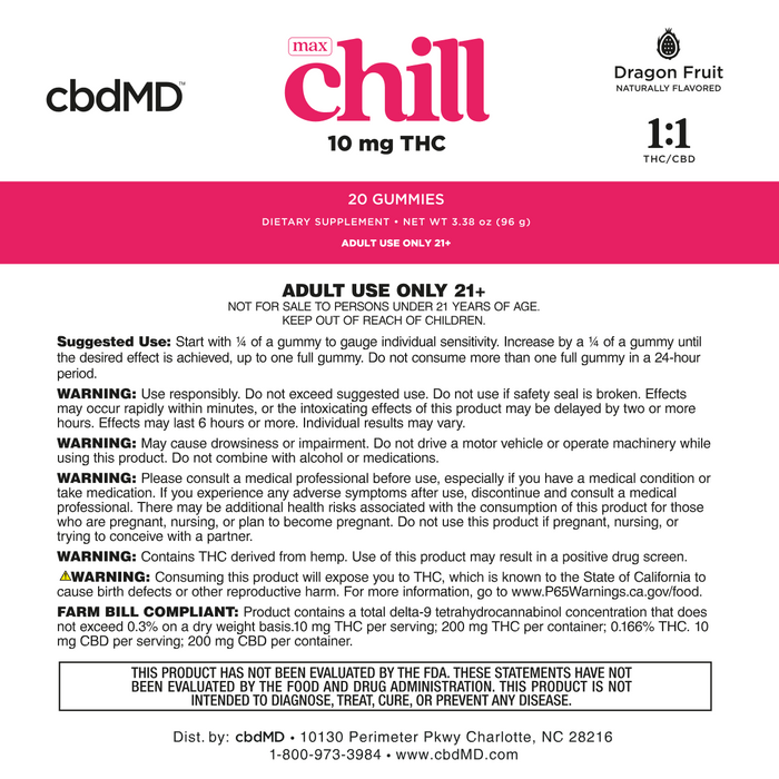 Warning and usage panel for CBD gummies, includes adult use only, THC, and dosage guidelines.