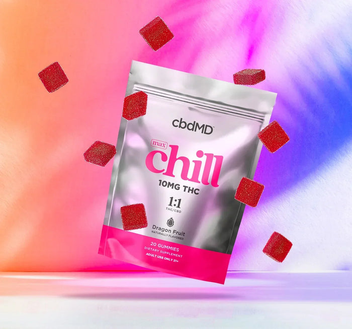 Bag of max chill dragon fruit THC gummies with red gummies on a colorful pastel background