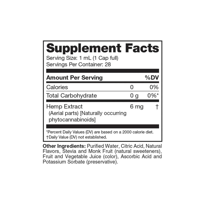 Supplement Facts label for unflavored hemp extract drink booster with ingredient list.