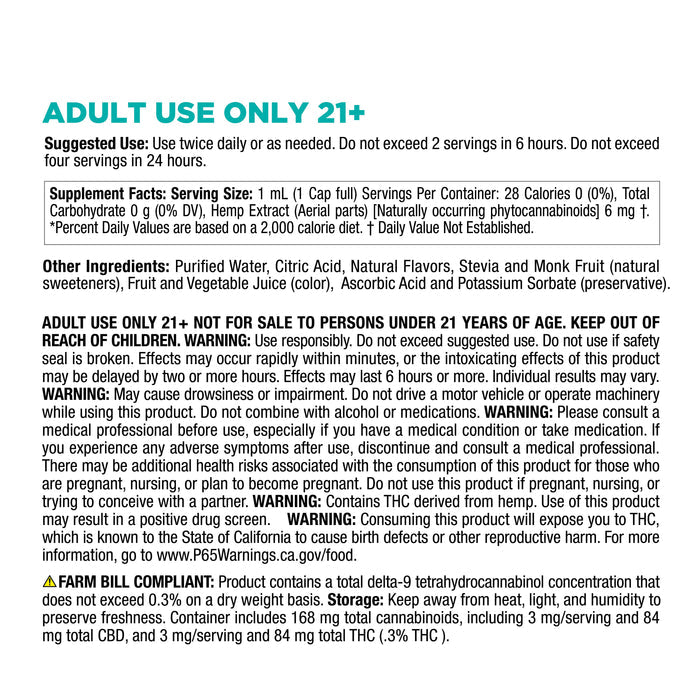 CBD oil bottle label with suggested use, supplement facts, ingredients, and THC warning information.