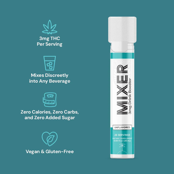 Unflavored THC drink booster mixer with 3mg THC per serving, zero calories, vegan and gluten-free