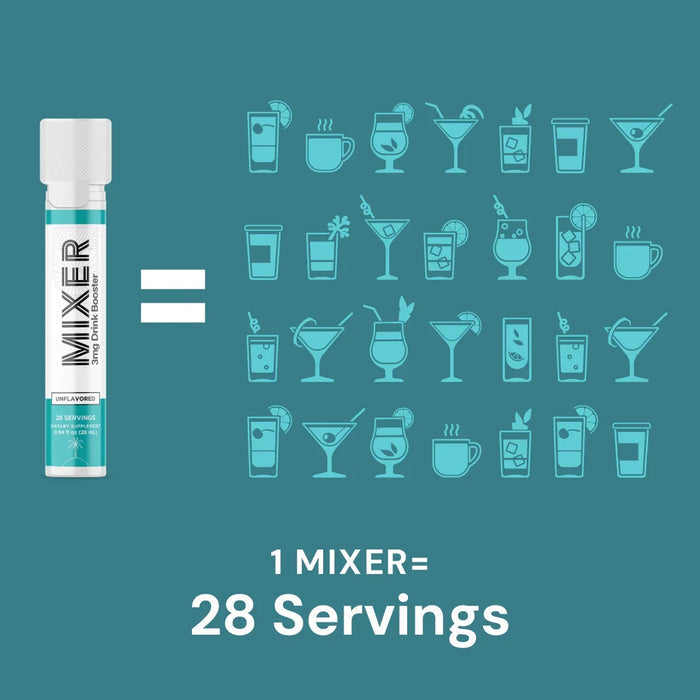 Unflavored drink booster mixer tube with icons of 28 drinks, highlighting 28 servings per tube.
