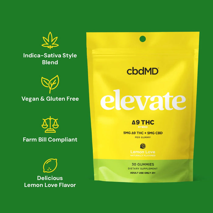 Yellow bag of Elevate Delta 9 THC gummies, lemon flavor, vegan and gluten-free supplement