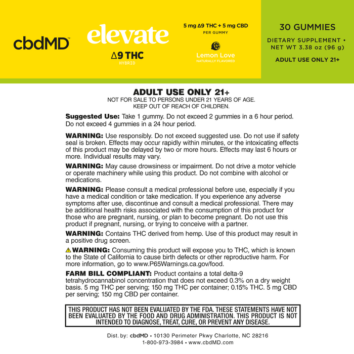 Delta-9 THC gummy product usage instructions, warnings, and dosage label in black text.