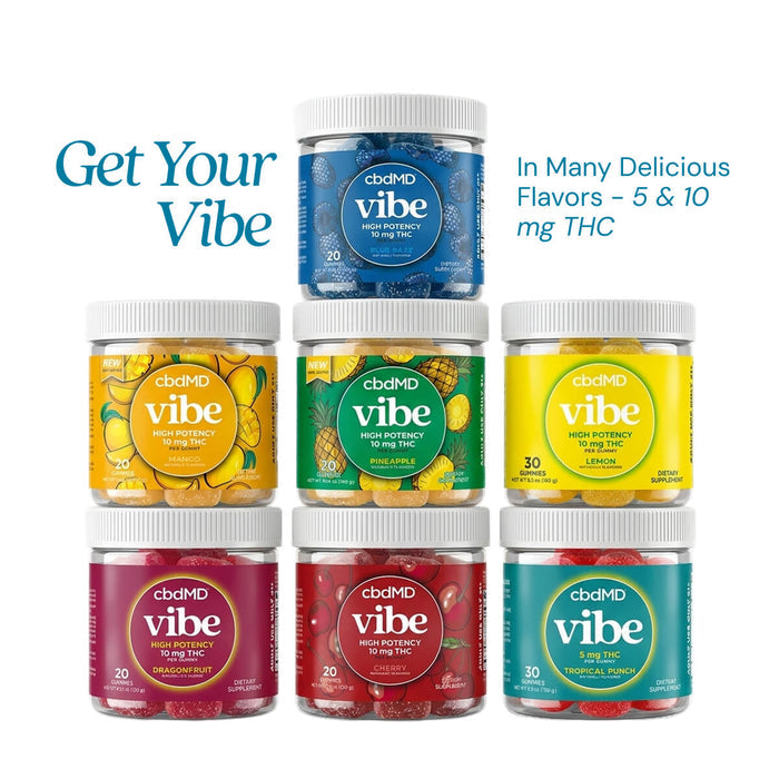 High potency gummies in cherry, mango, blue razz,and pineapple flavors in clear jars, front view.
