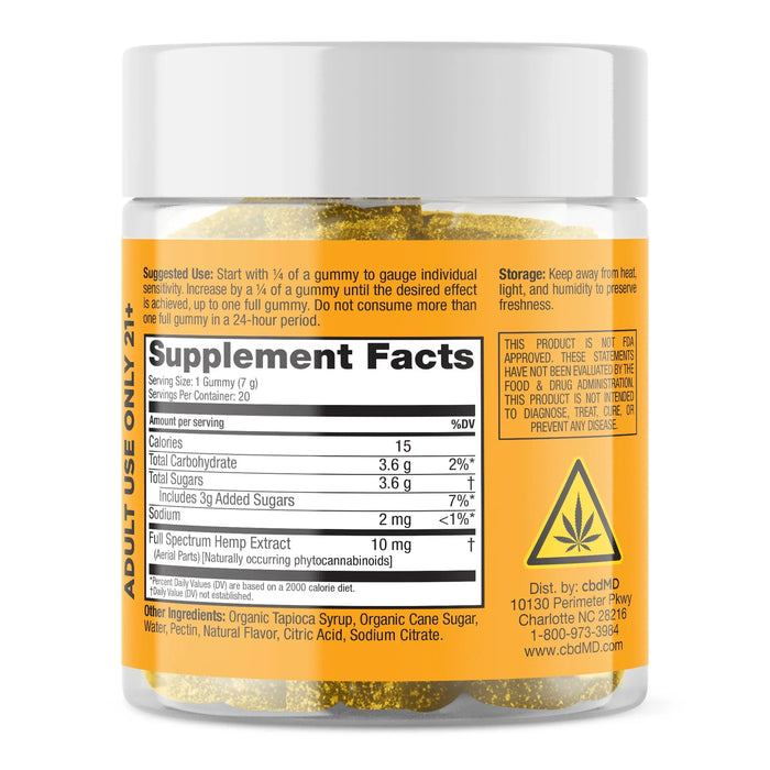 Back panel of mango gummies jar showing supplement facts, ingredients, and hemp extract info; Flavor: Mango;