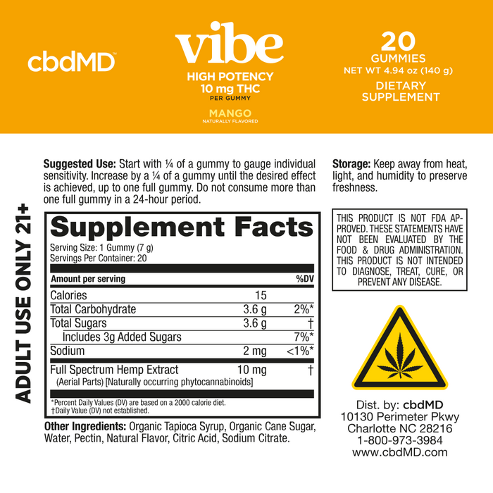 Mango Vibe gummy 10mg THC supplement facts label with hemp warning symbol and usage instructions; Flavor: Mango;