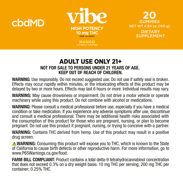 Delta-9 THC gummies warning and usage label with safety, storage, and dosage instructions; Flavor: Mango;