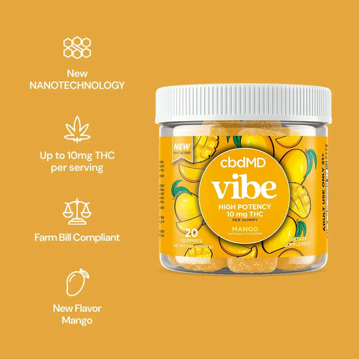Mango Vibe gummies jar labeled high potency 10mg THC, new mango flavor, 20 count, yellow background.; Flavor: Mango;