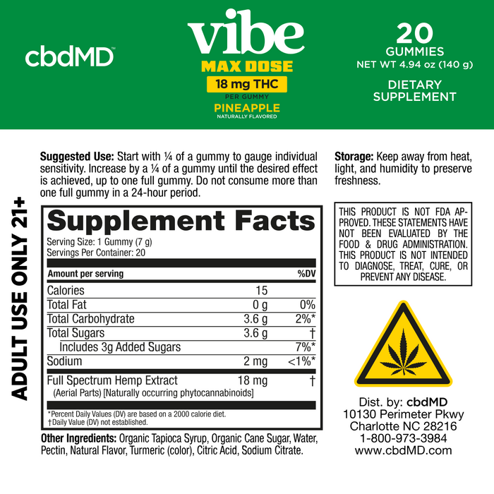 Pineapple Max Dose Vibe gummy 18mg THC supplement facts label with hemp warning symbol and usage instructions