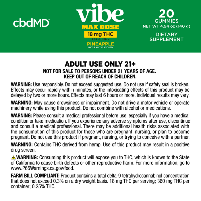 Pineapple Max Dose Vibe gummy warning and usage label with safety, storage, and dosage instructions