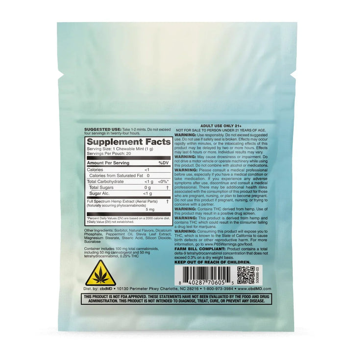 Supplement facts label on a product packaging with a gradient background; Count: 20 count;