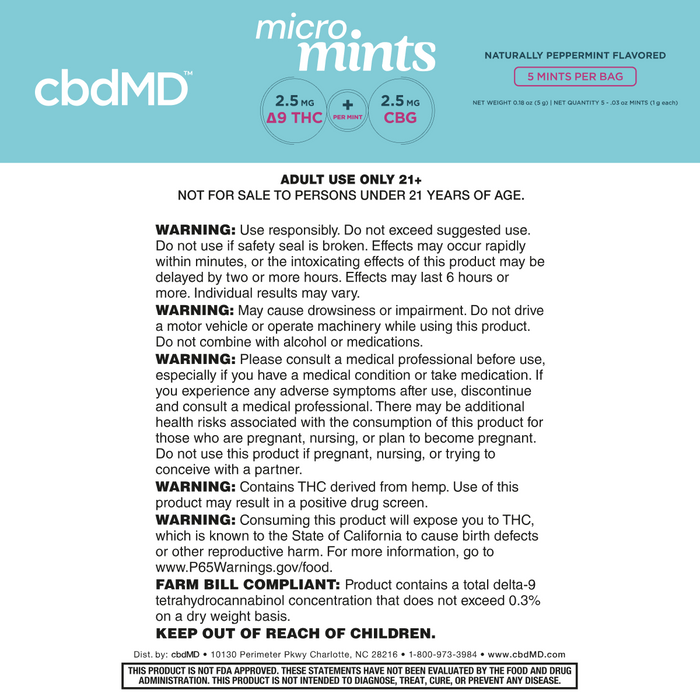 Label for cbdMD micro mints with warnings and product details.
