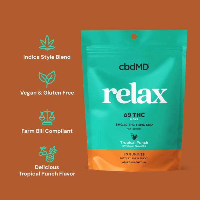 Tropical punch vegan gummies packaging labeled relax, with benefits and THC CBD content highlighted.
