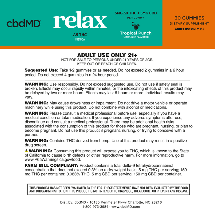 Delta-9 THC gummies usage instructions, warnings, and dosage details on product label.
